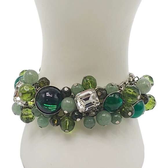 Green Faceted Beads Cluster Crystals Bangle Bracelet Cha Cha Vintage - Picture 1 of 6